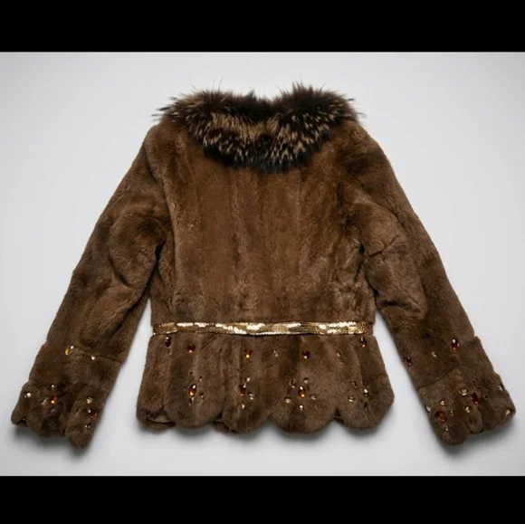 Mob Wife Aesthetic Brown Faux Fur Coat Sequin Bow Belted Jacket - Picture 5 of 5